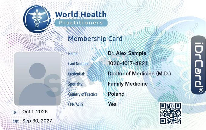 Sample iDrCard front showing name, card number, credential, specialty, country of practice and QR code
